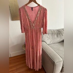 Anthropologie Me 2 Magic Bohemian Pink Sequin Festival Fairye Maxi Dress Size M